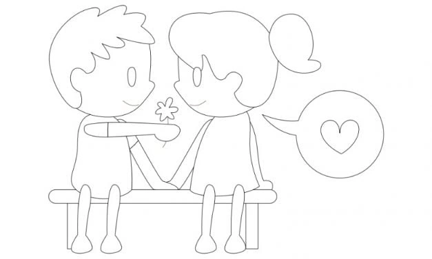 Coloring book boy gives his friend a flower for Valentines Day